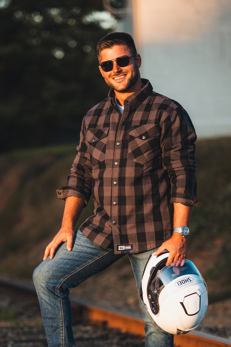 Kevlar Flannel Riding Shirt – Grey + Black Plaid