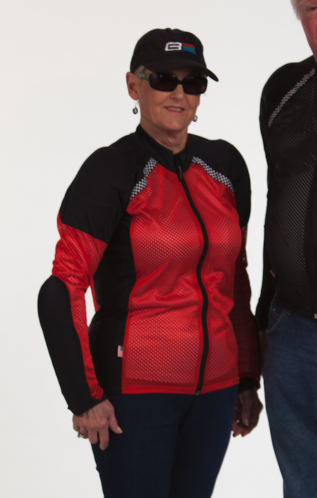 Sandra wearing the all-season armored Riding Shirt in Red - Elbow, arm, shoulder and back protection for motorcycling